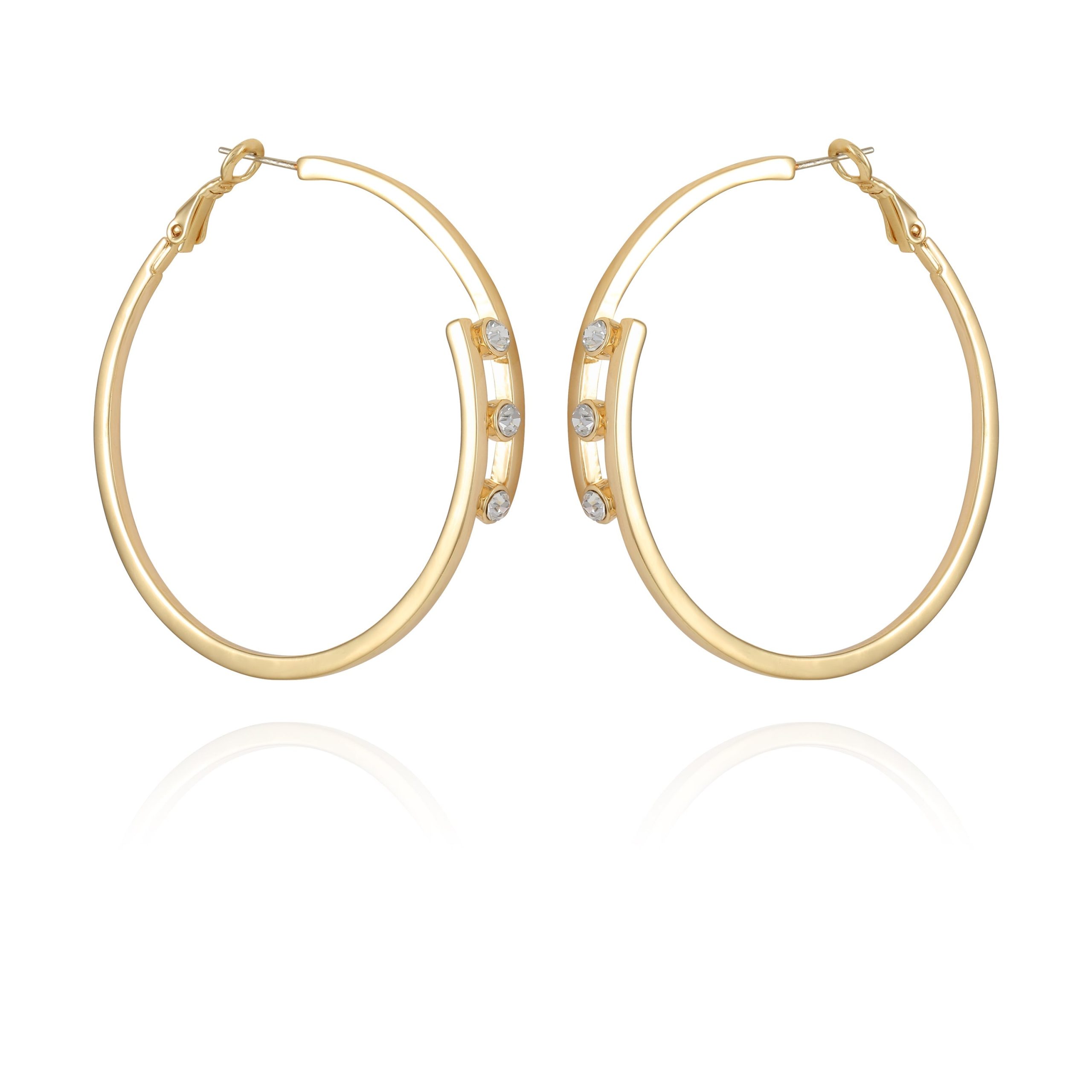 14K Goldtone Tri-Crystal Stone Hoop Earring