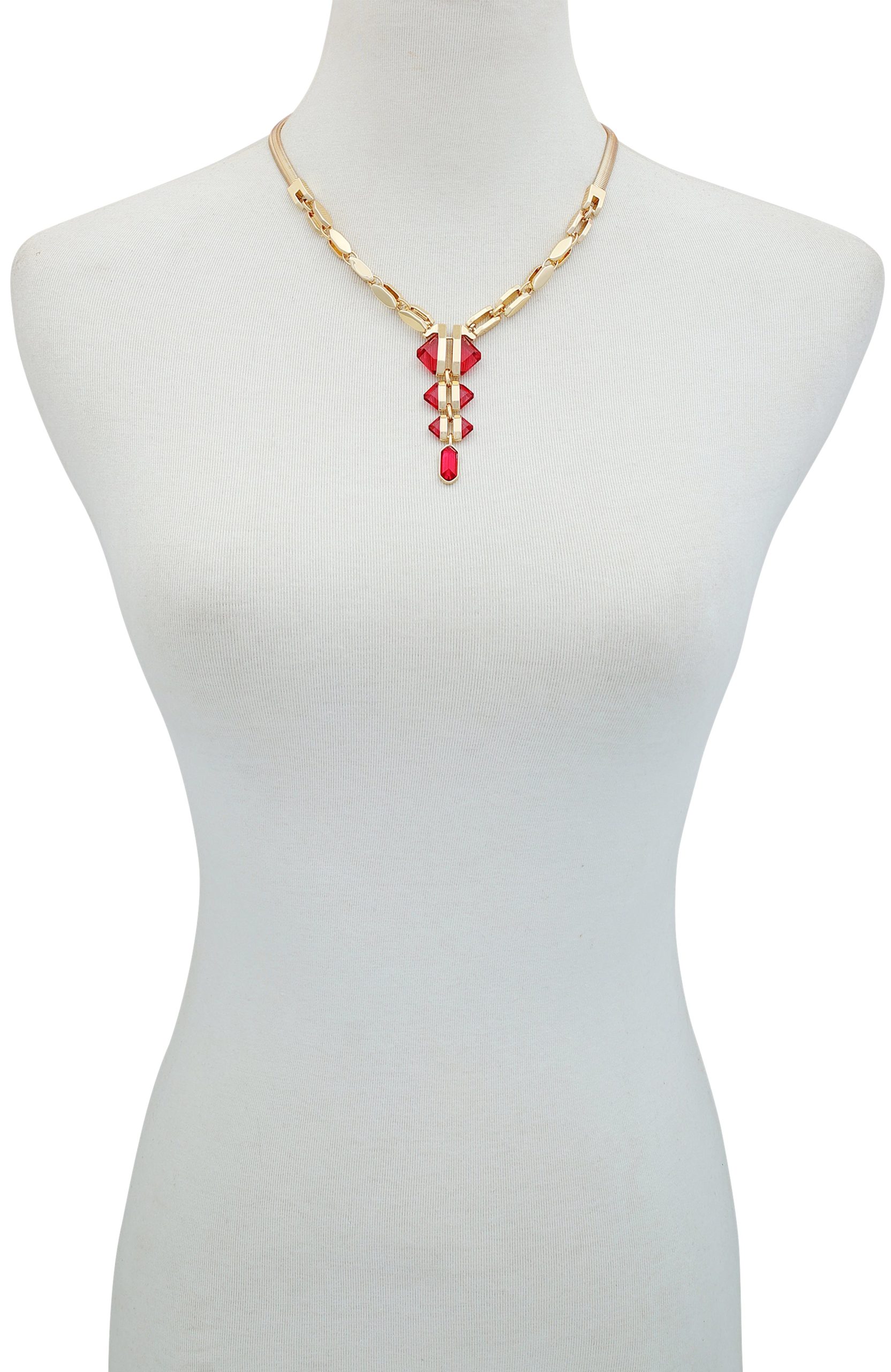 Goldtone Tri Rose Stone Drop Pendant Necklace - Image 2