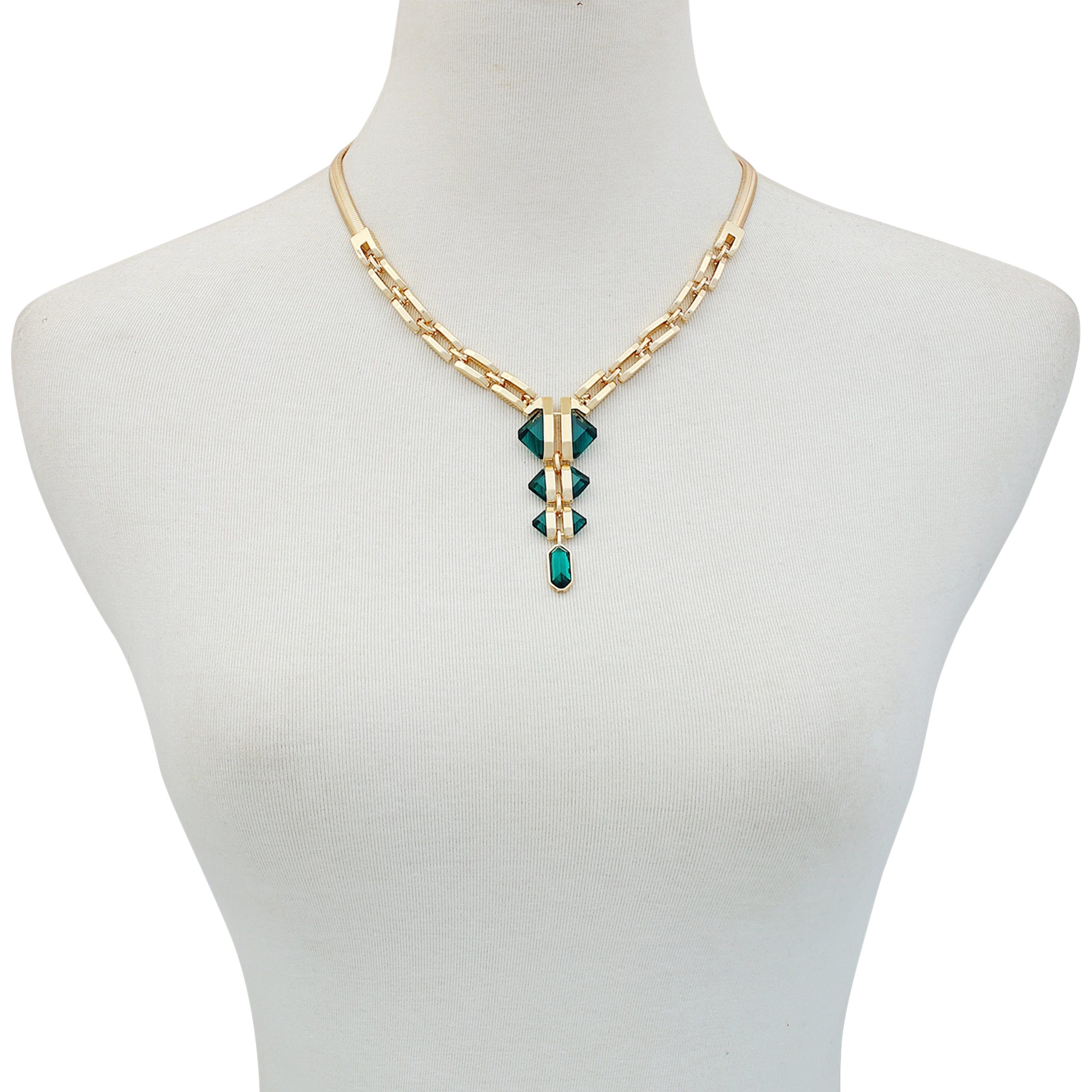 Goldtone Tri Blue Zircon Stone Drop Pendant Necklace - Image 3