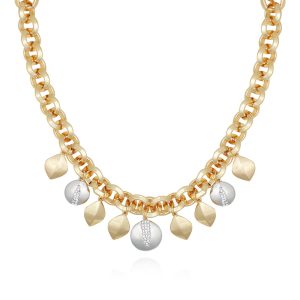 Two Tone Gilded Leaf Charm Statement Necklace