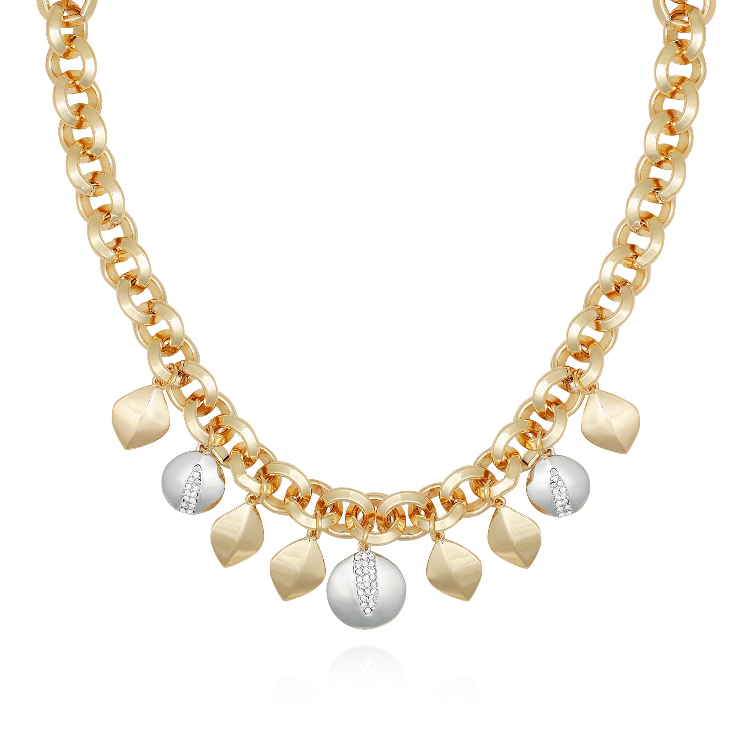 Two Tone Gilded Leaf Charm Statement Necklace