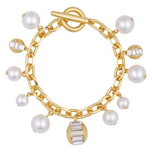 Goldtone Pearl Crystal Charm Bracelet