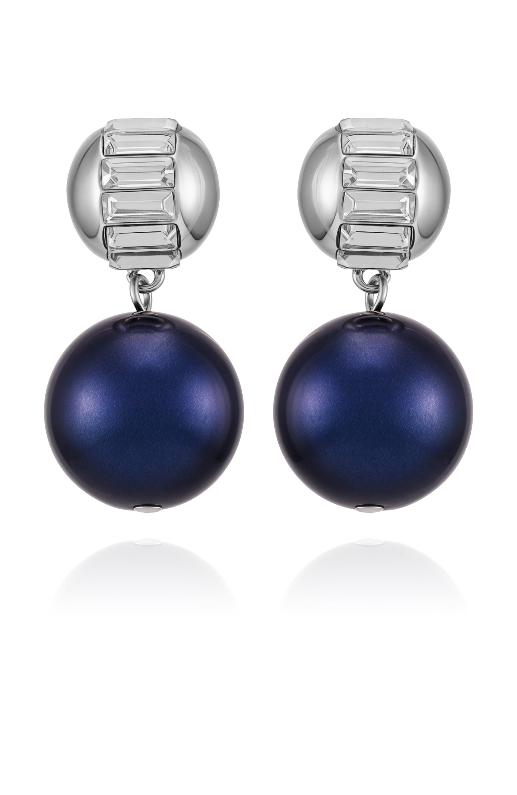 Silvertone Drop Earrings With Navy Pearl Crystal Accents
