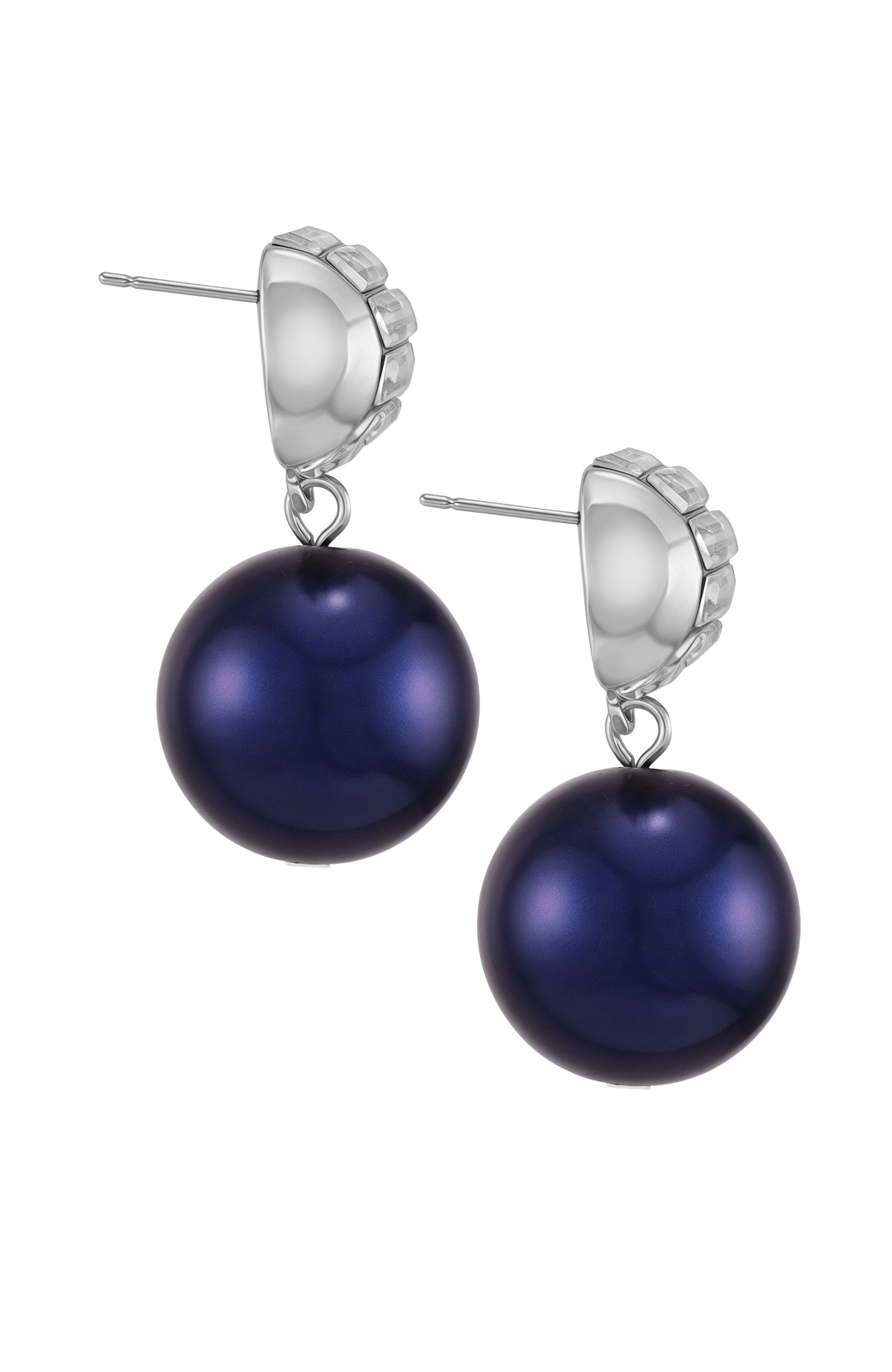 Silvertone Drop Earrings With Navy Pearl Crystal Accents - Image 2