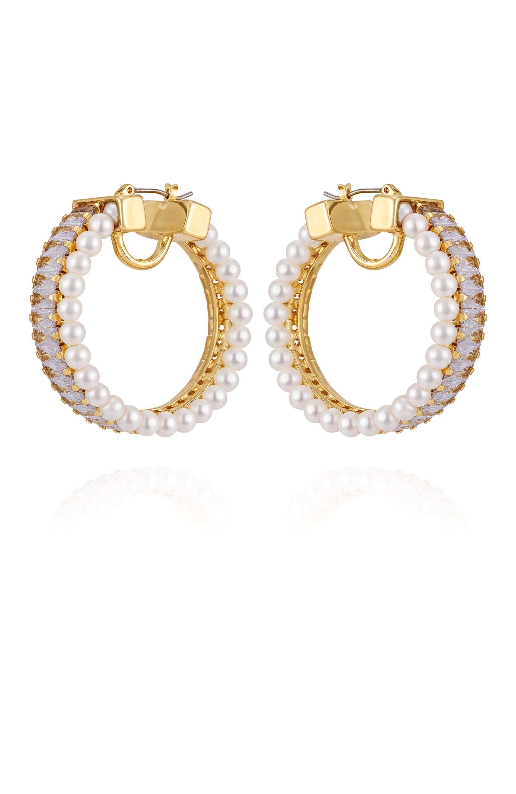 Goldtone Hoop Earrings With Pearls Baguette Crystals - Image 2