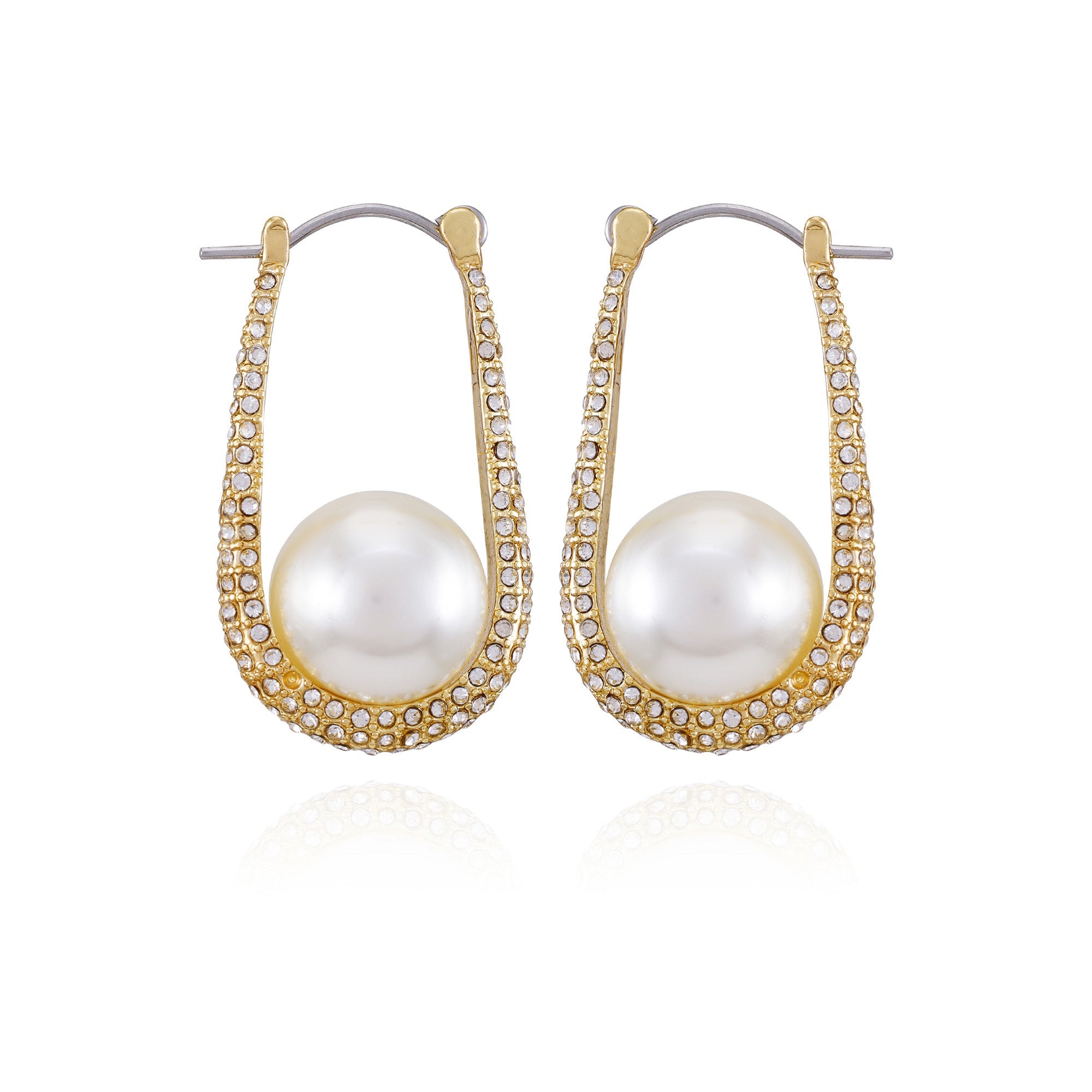 Goldtone Crystal Stone Pearl Hoop Earrings