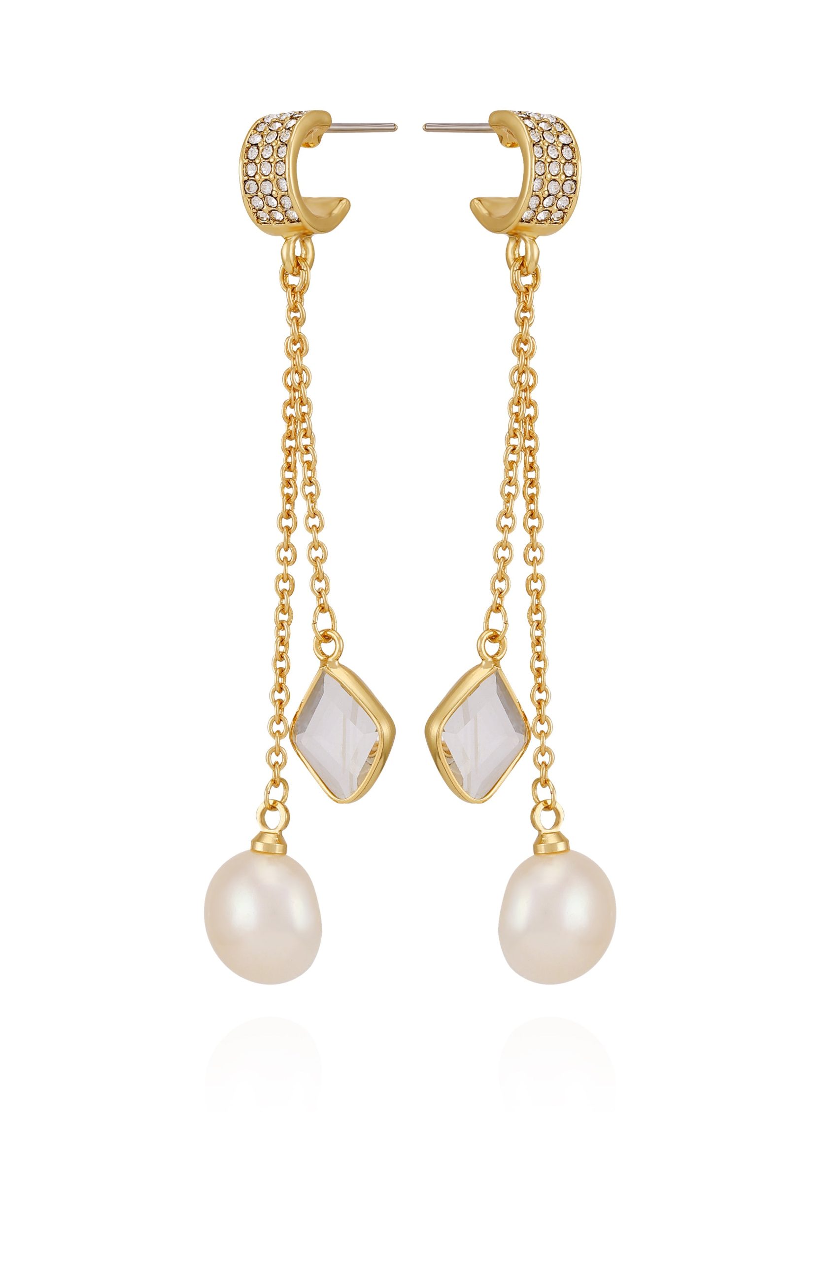Goldtone Dangle Earrings With Pearl Crystal Drop - Image 2